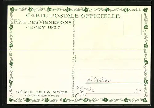 Künstler-AK sign. E. Biéler: Vevey, Fete des Vignerons 1927, Canton de Schaffhouse, Serie de la Noce, Tracht
