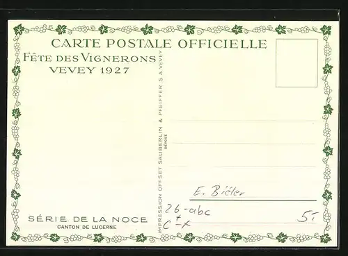 Künstler-AK sign. E. Biéler: Vevey, Fete des Vignerons 1927, Canton de Lucerne, Serie de la Noce, Tracht
