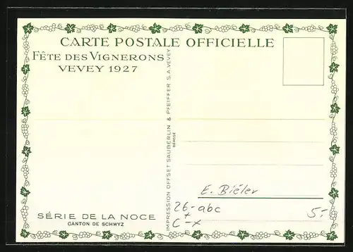 Künstler-AK sign. E. Biéler: Vevey, Fete des Vignerons 1927, Canton de Schwyz, Serie de la Noce, Tracht
