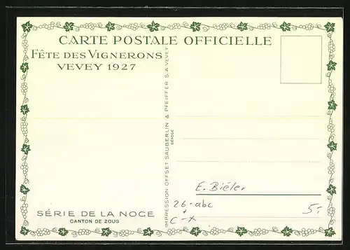 Künstler-AK sign. E. Biéler: Vevey, Fete des Vignerons 1927, Canton de Zoug, Serie de la Noce, Tracht