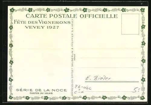 Künstler-AK sign. E. Biéler: Vevey, Fete des Vignerons 1927, Canton du Valais, Serie de la Noce, Tracht