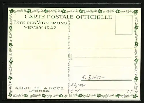 Künstler-AK sign. E. Biéler: Vevey, Fete des Vignerons 1927, Canton du Tessin, Serie de la Noce, Tracht