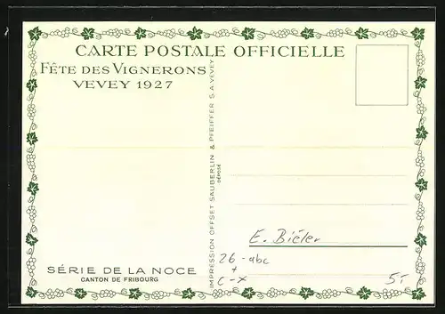 Künstler-AK sign. E. Biéler: Vevey, Fete des Vignerons 1927, Canton de Fribourg, Serie de la Noce, Tracht