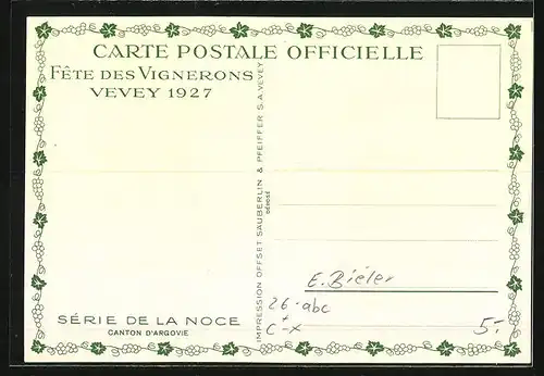 Künstler-AK sign. E. Biéler: Vevey, Fete des Vignerons 1927, Canton d`Argovie, Serie de la Noce, Tracht