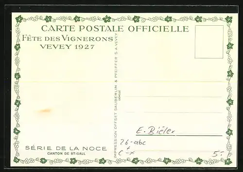 Künstler-AK sign. E. Biéler: Vevey, Fete des Vignerons 1927, Canton de St. Gall, Serie de la Noce, Tracht