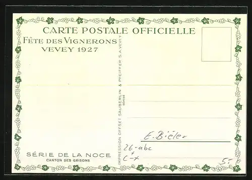 Künstler-AK sign. E. Biéler: Vevey, Fete des Vignerons 1927, Canton des Grisons, Serie de la Noce, Tracht