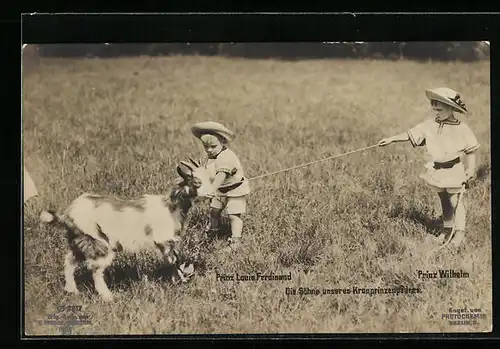 AK Prinz Louis Ferdinand und Prinz Wilhelm spielen mit einer Ziege