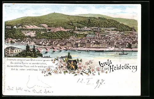 Lithographie Heidelberg, Ortsansicht mit Neckarbrücke, Wappen