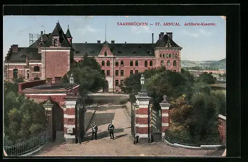 AK Saarbrücken-St. Arnual, Artillerie-Kaserne mit Wachsoldaten am Eingang