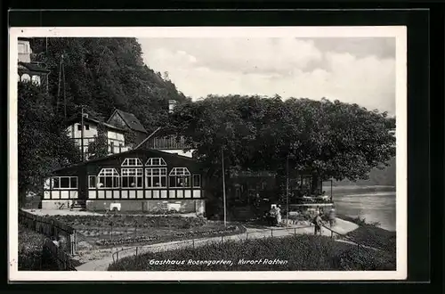 AK Rathen, Gasthaus Rosengarten Georg Schonert mit Uferstrasse