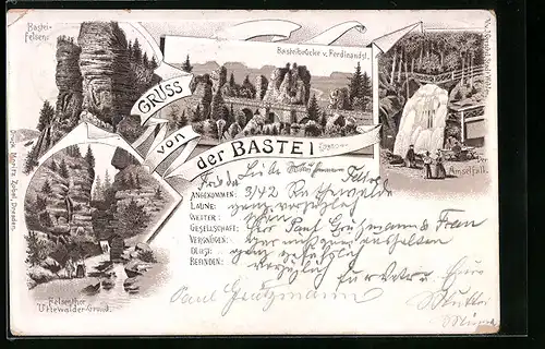 Lithographie Bastei, Basteifelsen, Basteibrücke vom Ferdinandstein, Amselfall