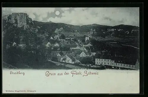 Mondschein-AK Streitberg /Fränk. Schweiz, Ortsansicht aus der Vogelschau