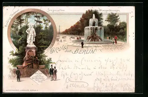 Lithographie Berlin-Tiergarten, Wrangelbrunnen, Siegesallee, Lessing-Denkmal
