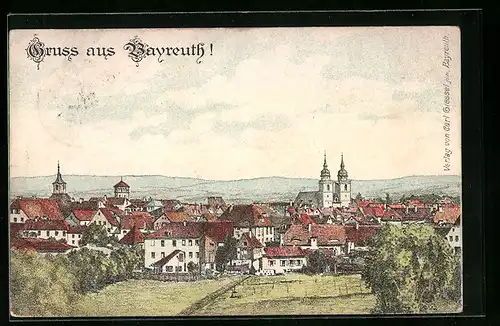 Lithographie Bayreuth, Gesamtansicht mit Kirche