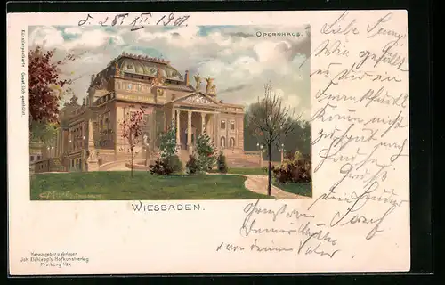 Lithographie Wiesbaden, Blick auf das Opernhaus