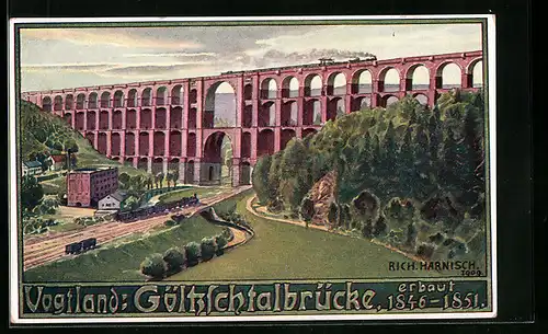 Künstler-AK Netzschkau, Blick auf die Göltzschtalbrücke, erbaut 1846-1851