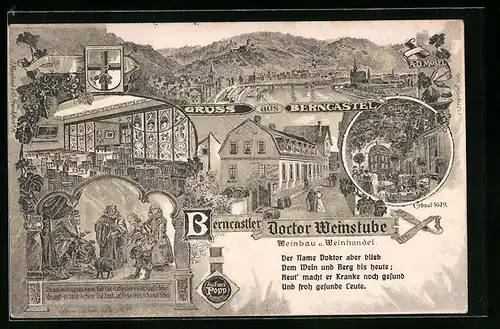Künstler-AK Berncastel, Ortsansicht, Gaststätte Doctor-Weinstube