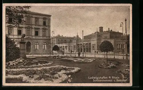 AK Ludwigshafen a. Rhein, Schillerdenkmal und Bahnhof