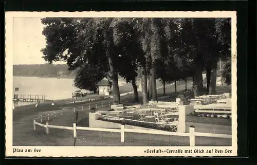 AK Plau am See, Seeluft-Terrasse mit Blick auf den See