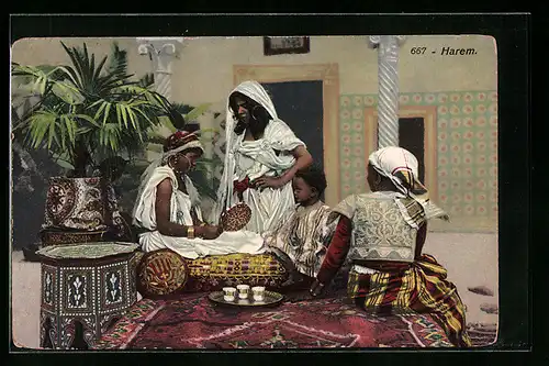 AK Frauen und Knabe beim Tee, Szene im Harem