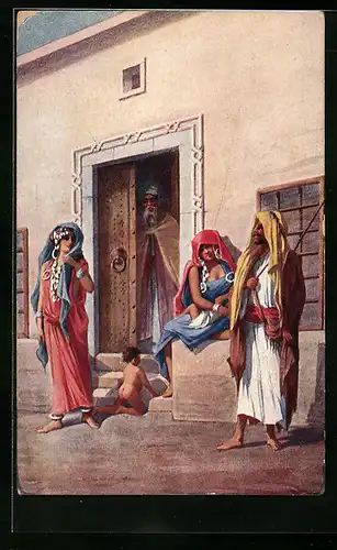 AK Araberinnen mit Kind an der Haustür, arabische Volkstypen