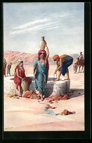 AK Araberinnen mit Krügen am Brunnen, arabische Volkstypen