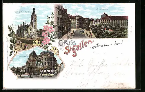 Lithographie St. Gallen, Bankverein, Marktplatz