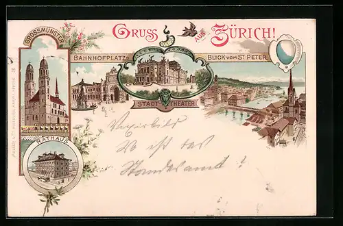 Lithographie Zürich, Grossmünster, Rathaus, Bahnhofplatz