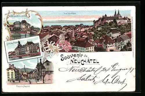 Lithographie Neuchatel, Musee des Beaux Arts, Place du Marche, Hotel des Postes