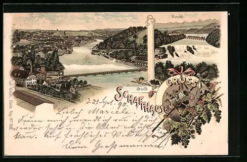 Lithographie Schaffhausen, Ortsansicht und Rheinfall