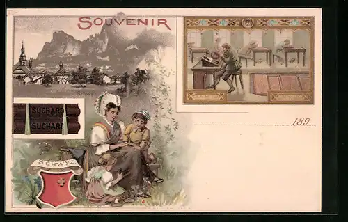 Lithographie Schwyz, Chocolat Suchard, Ortspartie, Mutter mit Kindern