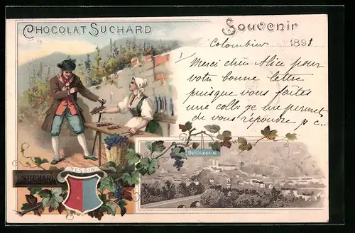Lithographie Bellinzona /Tessin, Teilansicht, Chocolat Suchard