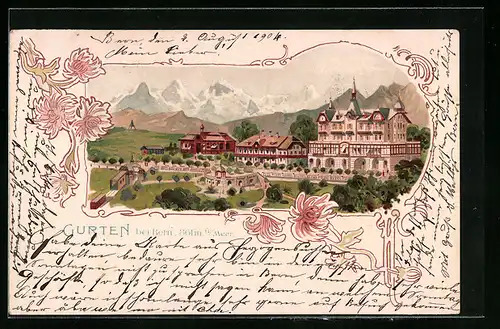 Lithographie Gurten bei Bern, Blick auf Hotel mit Bergen