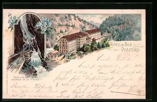 Vorläufer-Lithographie Pfäfers, 1895, Hotel & Bad, Taminaschlucht