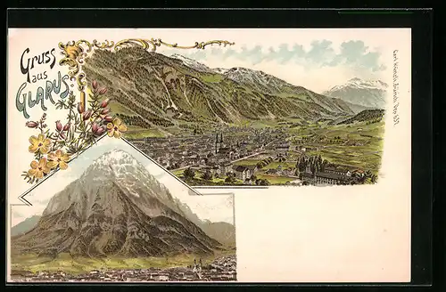 Lithographie Glarus, Ortsansicht mit Bergen