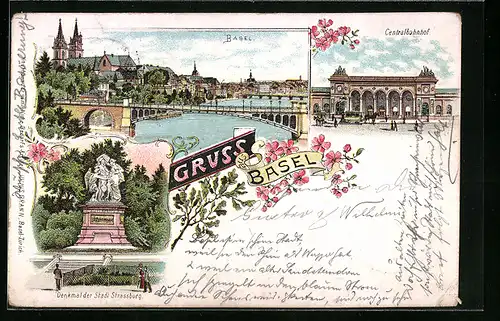Lithographie Basel, Centralbahnhof, Denkmal der Stadt Strassburg