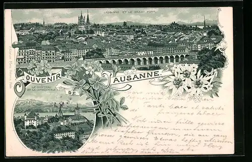Lithographie Lausanne, Chateau et la Cathedrale, Grand Pont