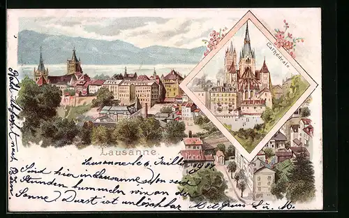 Lithographie Lausanne, Cathedrale, Ortsansicht aus der Vogelschau
