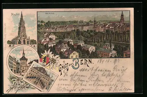 Lithographie Bern, Münster, Zeitglockenthurm, Rathhaus