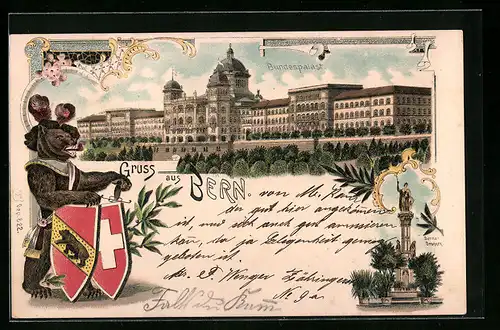 Lithographie Bern, Bundespalast, Bär mit Wappen