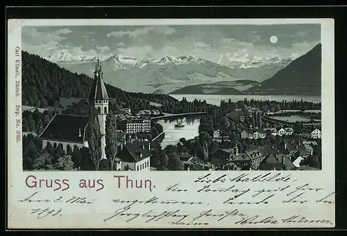 Mondschein-Lithographie Thun, Ortsansicht mit Bergen