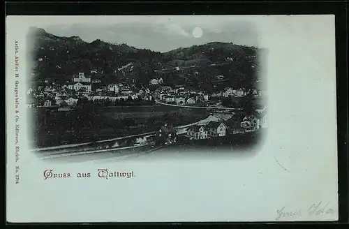 Mondschein-AK Wattwil, Gesamtansicht mit Brücke