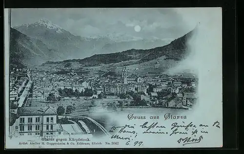 Mondschein-AK Glarus, Gesamtansicht mit Gebirgsblick