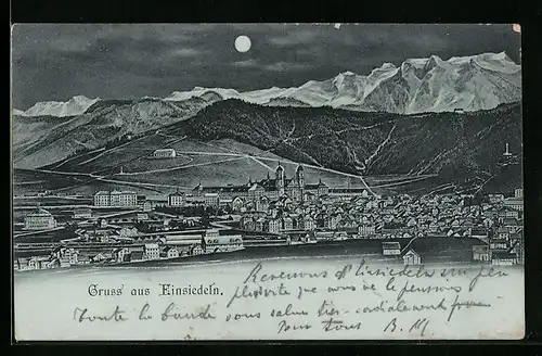 Mondschein-AK Einsiedeln, Ortsansicht mit Bergpanorama