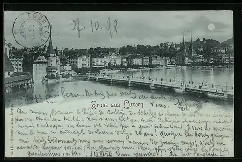 Mondschein-AK Luzern, Panorama mit Brücke