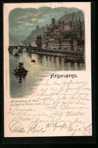 Lithographie Heidelberg, Ortsansicht mit Schloss