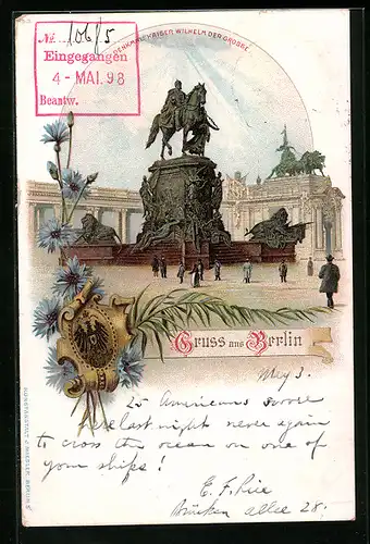 Lithographie Berlin, Passanten vor dem Denkmal Kaiser Wilhelm der Grosse