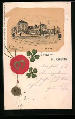 Lithographie Nürnberg, Partie am Plärrer, Siegel mit Hufeisen