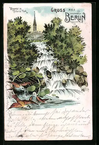 Lithographie Berlin-Kreuzberg, Wasserfall im Victoria-Park