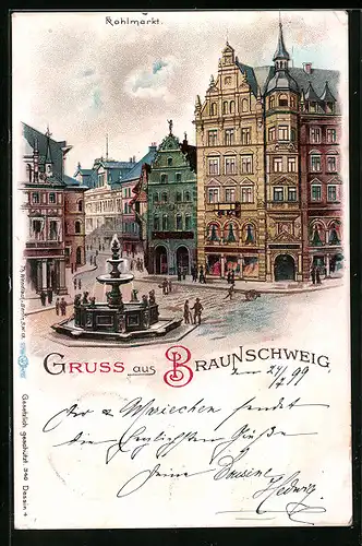 Lithographie Braunschweig, Alte Häuser am Kohlmarkt